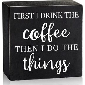 أولا أشرب القهوة - محطة قهوة مضحكة صندوق خشبي علامة فنية جدارية، صندوق خشبي أسود مقهى بار مكتب ديكور المطبخ لوحة ديكور مكتب 6 "× 6" in Kuwait