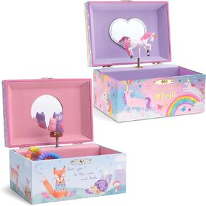 صندوق تخزين المجوهرات الموسيقية للفتيات من Jewelkeeper مع البوم الدوار، حزمة تصميم الغابة مع صندوق تخزين المجوهرات الموسيقية مع وحيد القرن الدوار، تصميم يونيكورن كاندي القطن in Kuwait