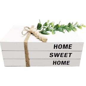 Licornism 3 قطع كتاب خشبي مزخرف لديكور المنزل كتب صناعية بيضاء للديكور (ممتن، ممتن، مبارك) مع إكليل من الخرز الخشبي لطاولة القهوة والأرفف in Kuwait