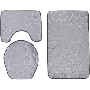 Luxury Home Collection 3 Piece Stone Embossed Solid Color Memory Foam Soft Bathroom Rug Set Non-Slip with Rubber Backing (Black)