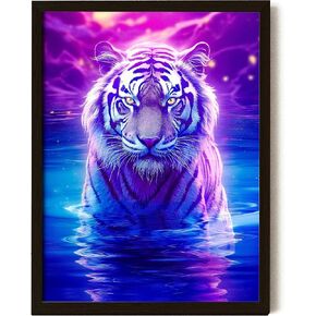 لوحة فنية جدارية كبيرة بتصميم نمر مقاس 12 × 16 من اكسكول كلوب، ملصق نمر ملون لتزيين الحائط، لوحة فنية بطباعة نمر نيون، صور حيوانات برية حديثة لديكور المنزل وغرفة النوم (بدون اطار) in Kuwait