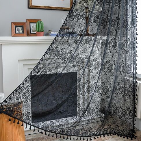 OBVEER White Sheer Curtains 84 inches Long 2 Panel,Farmhouse Floral Lace Sheer Curtain Tassel Boho Curtains for Bedroom Living Room Coquette Victorian Mandala Privacy Transparent Curtains (Rod Pocket) in Saudi Arabia