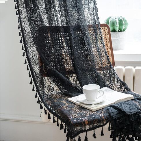OBVEER White Sheer Curtains 84 inches Long 2 Panel,Farmhouse Floral Lace Sheer Curtain Tassel Boho Curtains for Bedroom Living Room Coquette Victorian Mandala Privacy Transparent Curtains (Rod Pocket) in Saudi Arabia