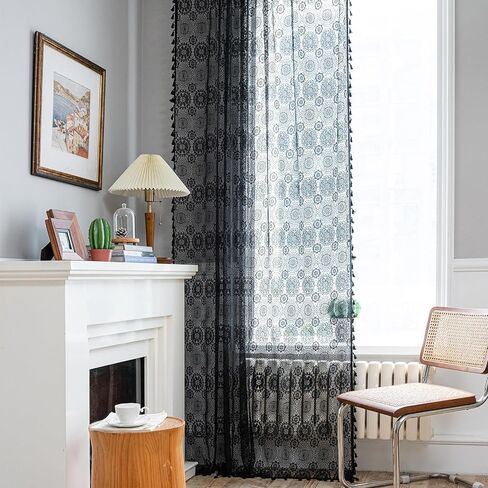 OBVEER White Sheer Curtains 84 inches Long 2 Panel,Farmhouse Floral Lace Sheer Curtain Tassel Boho Curtains for Bedroom Living Room Coquette Victorian Mandala Privacy Transparent Curtains (Rod Pocket) in Saudi Arabia