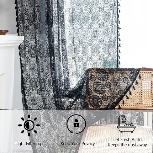 OBVEER White Sheer Curtains 84 inches Long 2 Panel,Farmhouse Floral Lace Sheer Curtain Tassel Boho Curtains for Bedroom Living Room Coquette Victorian Mandala Privacy Transparent Curtains (Rod Pocket) in Saudi Arabia