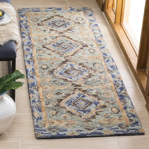 SAFAVIEH Aspen Collection Runner Rug - 2'3" x 15', Blue & Beige, Handmade Boho Wool, Ideal for High Traffic Areas in Living Room, Bedroom (APN504A) in Saudi Arabia