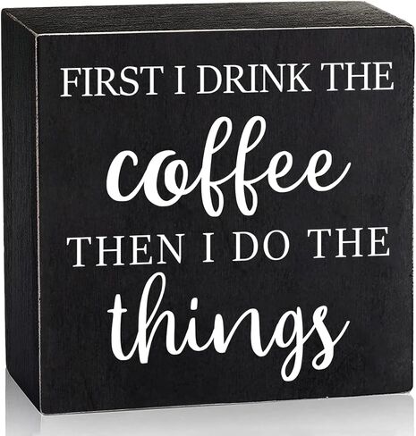 أولا أشرب القهوة - محطة قهوة مضحكة صندوق خشبي علامة فنية جدارية، صندوق خشبي أسود مقهى بار مكتب ديكور المطبخ لوحة ديكور مكتب 6 "× 6" in Kuwait