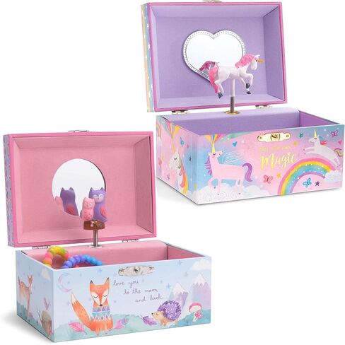 صندوق تخزين المجوهرات الموسيقية للفتيات من Jewelkeeper مع البوم الدوار، حزمة تصميم الغابة مع صندوق تخزين المجوهرات الموسيقية مع وحيد القرن الدوار، تصميم يونيكورن كاندي القطن in Kuwait