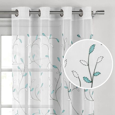 Creative Home Ideas Wavy Leaves, Embroidered Window Curtain with Grommets, Extra Wide Single Panel, 100% Polyester, Light Filtering, Sheer, Modern Drapes, 54" x 84", Coral in Kuwait