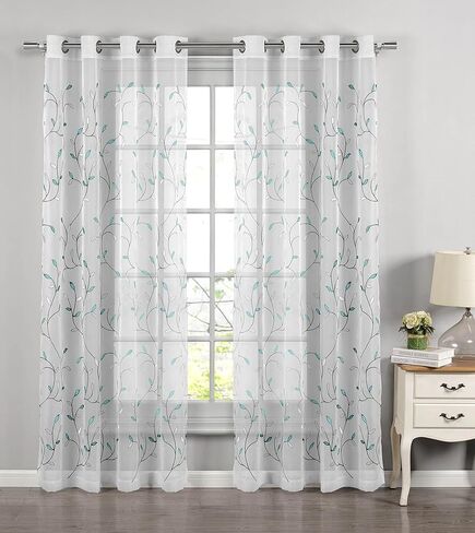 Creative Home Ideas Wavy Leaves, Embroidered Window Curtain with Grommets, Extra Wide Single Panel, 100% Polyester, Light Filtering, Sheer, Modern Drapes, 54" x 84", Coral in Kuwait