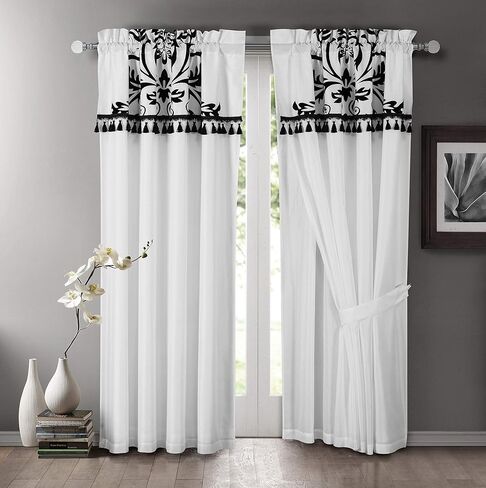 Chezmoi Collection Nobility 4-Piece Flocked Floral Faux Silk Window Curtain Set with Sheer Backing Valance, White/Black in Saudi Arabia