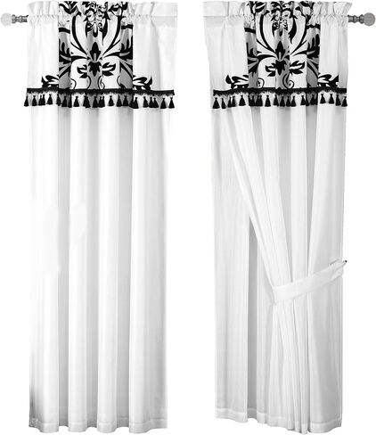 Chezmoi Collection Nobility 4-Piece Flocked Floral Faux Silk Window Curtain Set with Sheer Backing Valance, White/Black in Saudi Arabia