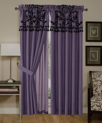 Chezmoi Collection Nobility 4-Piece Flocked Floral Faux Silk Window Curtain Set with Sheer Backing Valance, White/Black in Saudi Arabia