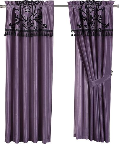 Chezmoi Collection Nobility 4-Piece Flocked Floral Faux Silk Window Curtain Set with Sheer Backing Valance, White/Black in Saudi Arabia