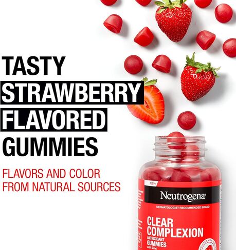 نيوتروجينا صمغ مضاد للأكسدة لبشرة نقية مع الزنك، مكمل يومي للعناية بالبشرة مع فيتامين أ وفيتامين ج وفيتامين هـ لبشرة صافية وصحية + البروبيوتيك، نكهة الفراولة، 60 قيراط in Kuwait