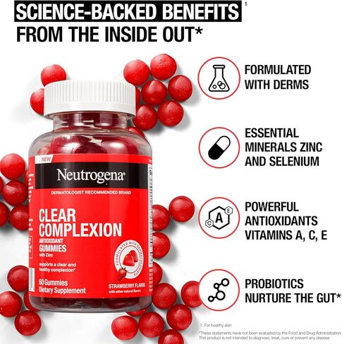 نيوتروجينا صمغ مضاد للأكسدة لبشرة نقية مع الزنك، مكمل يومي للعناية بالبشرة مع فيتامين أ وفيتامين ج وفيتامين هـ لبشرة صافية وصحية + البروبيوتيك، نكهة الفراولة، 60 قيراط in Kuwait