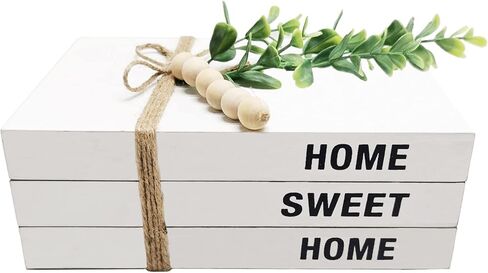 Licornism 3 قطع كتاب خشبي مزخرف لديكور المنزل كتب صناعية بيضاء للديكور (ممتن، ممتن، مبارك) مع إكليل من الخرز الخشبي لطاولة القهوة والأرفف in Kuwait