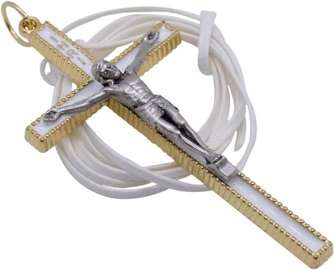Gold-Tone Crucifix with Leather Cord | Metal Cross with Colored Enamel Accents | Great Catholic Gift for First Holy Communion and Confirmation | Made in Italy (Pink) in Saudi Arabia