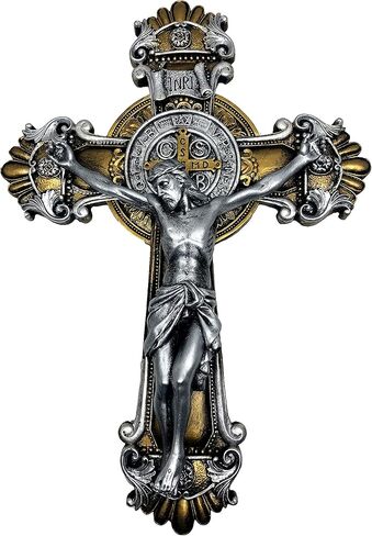 صليب حائطي بدرجتين من اللون St. Benedict مع تفاصيل رمزية جميلة ولمسة نهائية معدنية باللون الذهبي والفضي العتيق 26 سم in Kuwait