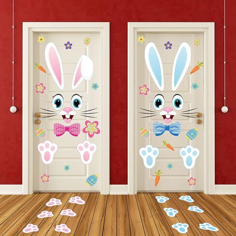 Whaline 65Pcs Easter Door Stickers 8 Sheet Blue Pink Easter Bunny Rabbit Door Decals for Refrigerator Wall Window Front Porch Door Decoration Supplies in Saudi Arabia