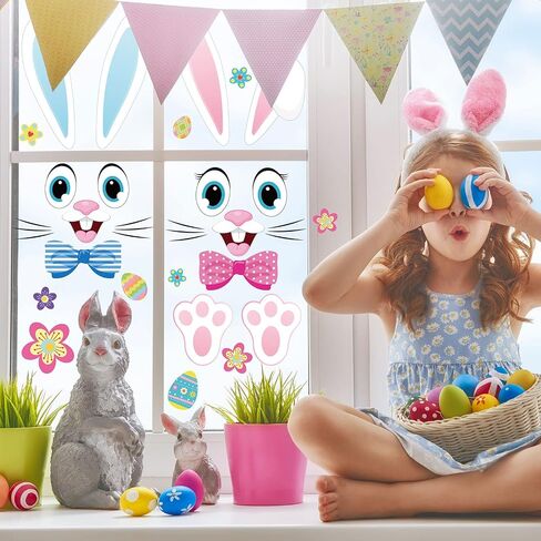 Whaline 65Pcs Easter Door Stickers 8 Sheet Blue Pink Easter Bunny Rabbit Door Decals for Refrigerator Wall Window Front Porch Door Decoration Supplies in Saudi Arabia