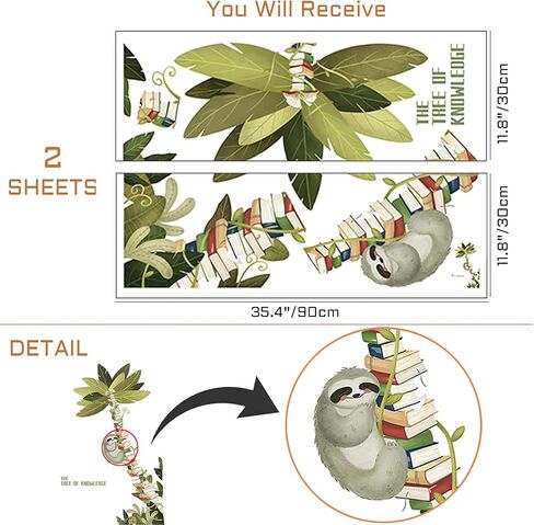 حيوان الكسلان معلق على ملصقات الحائط على شكل شجرة الكتب، ملصقات جدارية من الفينيل لشجرة الكتب الكبيرة للمعرفة، جدارية جدارية لنباتات شجرة جوز الهند قابلة للإزالة لغرفة القراءة وغرفة النوم، 31.5 بوصة × 51.2 بوصة in Kuwait