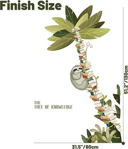 حيوان الكسلان معلق على ملصقات الحائط على شكل شجرة الكتب، ملصقات جدارية من الفينيل لشجرة الكتب الكبيرة للمعرفة، جدارية جدارية لنباتات شجرة جوز الهند قابلة للإزالة لغرفة القراءة وغرفة النوم، 31.5 بوصة × 51.2 بوصة in Kuwait