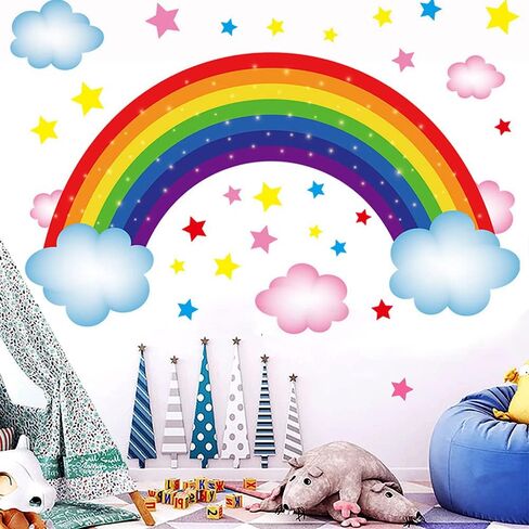 ملصق حائط ملون بألوان قوس قزح، ملصق فينيل قابل للإزالة على شكل نجوم سحابة قوس قزح لديكور غرفة الأطفال والحضانة والفصول الدراسية in Kuwait