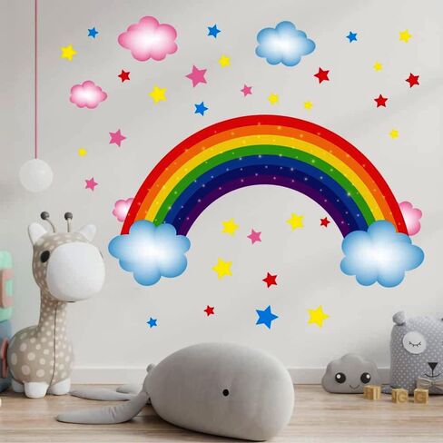 ملصق حائط ملون بألوان قوس قزح، ملصق فينيل قابل للإزالة على شكل نجوم سحابة قوس قزح لديكور غرفة الأطفال والحضانة والفصول الدراسية in Kuwait