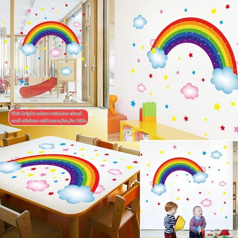 ملصق حائط ملون بألوان قوس قزح، ملصق فينيل قابل للإزالة على شكل نجوم سحابة قوس قزح لديكور غرفة الأطفال والحضانة والفصول الدراسية in Kuwait