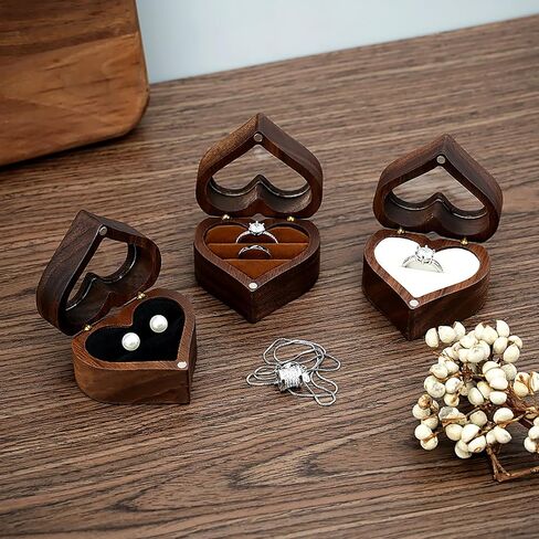 Wood Double Ring Box Jewelry Box Engraved Wooden Ring Holder for 2 Rings Engagement Proposal Wedding Ceremony Ring Bearer Box Valentine's Day Mother's Day Christmas Romantic Gifts for Women Black in Saudi Arabia