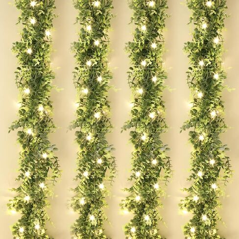 CEWOR 4 Pack 5.9ft Artificial Eucalyptus Garland Spring Garland Fake Silver Dollar Greenery Garland Vines Table Runner for Wedding Home Party Mantle Wall Decor with 4 LED Lights Strings in Kuwait