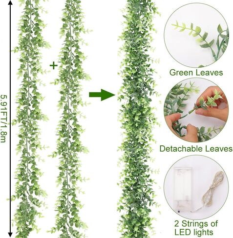 CEWOR 4 Pack 5.9ft Artificial Eucalyptus Garland Spring Garland Fake Silver Dollar Greenery Garland Vines Table Runner for Wedding Home Party Mantle Wall Decor with 4 LED Lights Strings in Kuwait