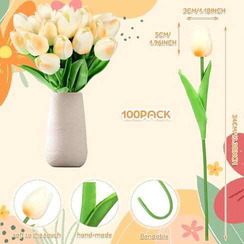 Jexine 100 Pcs Artificial Real Touch Tulips Fake Tulips Artificial Tulip Flower Bulk Tulip Bouquet with Stem for Table Centerpieces Valentines Wedding Bridal Garden Home Decor, 13.4''(Multicolor) in Saudi Arabia