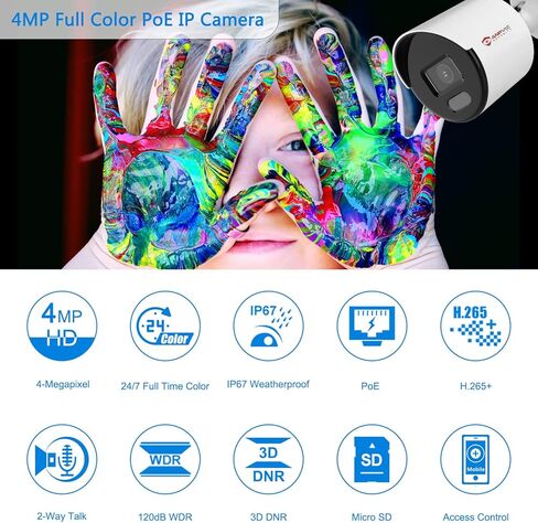 【 رؤية ليلية بالألوان الكاملة】 كاميرا Anpviz 4MP IP POE، كاميرا أمان رصاصة خارجية F1.0 فتحة فائقة 2.8 مم (113.9 درجة FOV)، كشف الحركة IP67، متوافقة مع Hikvision H.265+ in Kuwait
