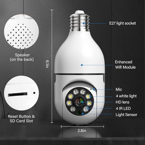 كاميرا مراقبة لاسلكية داخلية، كاميرا IP بانورامية بزاوية 360 درجة، تدعم كاميرا مراقبة واي فاي 2.4 جيجا هرتز 3 ميجابكسل 1080 بيكسل رؤية ليلية عالية الدقة إنذار تتبع تلقائي ثنائي الاتجاه E27 (ليس 5 جيجا هرتز واي فاي) in Kuwait
