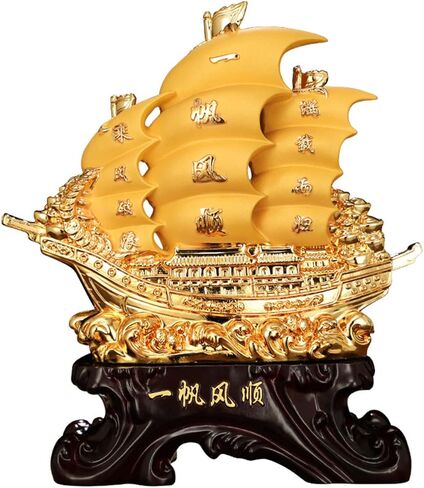 سفينة شراعية على شكل تنين ذهبي (قارب) من فينغ شوي، تمثال سفينة شراعية للثروة والثروة والازدهار، ديكورات لغرفة المعيشة والمنزل والمكتب، ذهبي، 8 × 7.5 × 3 انش in Kuwait