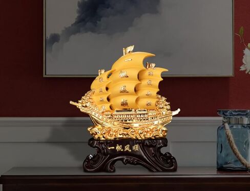 سفينة شراعية على شكل تنين ذهبي (قارب) من فينغ شوي، تمثال سفينة شراعية للثروة والثروة والازدهار، ديكورات لغرفة المعيشة والمنزل والمكتب، ذهبي، 8 × 7.5 × 3 انش in Kuwait