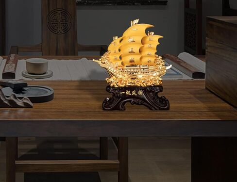 سفينة شراعية على شكل تنين ذهبي (قارب) من فينغ شوي، تمثال سفينة شراعية للثروة والثروة والازدهار، ديكورات لغرفة المعيشة والمنزل والمكتب، ذهبي، 8 × 7.5 × 3 انش in Kuwait