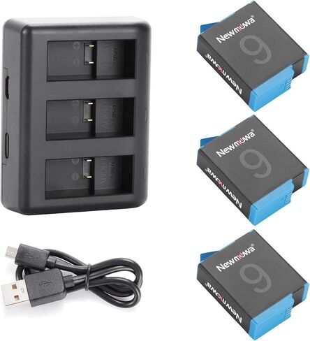 بطارية بديلة من نيوموا (عبوة من 3 قطع) وشاحن ثلاثي قنوات لجو برو هيرو 9 أسود، جو برو هيرو 10 (متوافق تمامًا) in Kuwait