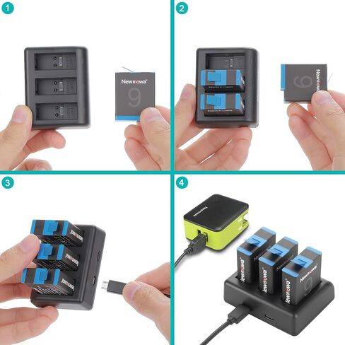 بطارية بديلة من نيوموا (عبوة من 3 قطع) وشاحن ثلاثي قنوات لجو برو هيرو 9 أسود، جو برو هيرو 10 (متوافق تمامًا) in Kuwait