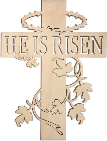 شماعة باب خشبية بعبارة «He is Risen» بتصميم ريفي على شكل صليب عيد الفصح، علاقات باب الربيع الديني، ديكور منحوت على الحائط المسيحي، لافتة خشبية منحوتة يدويا للتعليق على الحائط لديكور المنزل in Saudi Arabia