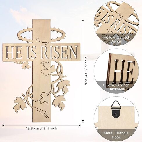 شماعة باب خشبية بعبارة «He is Risen» بتصميم ريفي على شكل صليب عيد الفصح، علاقات باب الربيع الديني، ديكور منحوت على الحائط المسيحي، لافتة خشبية منحوتة يدويا للتعليق على الحائط لديكور المنزل in Saudi Arabia