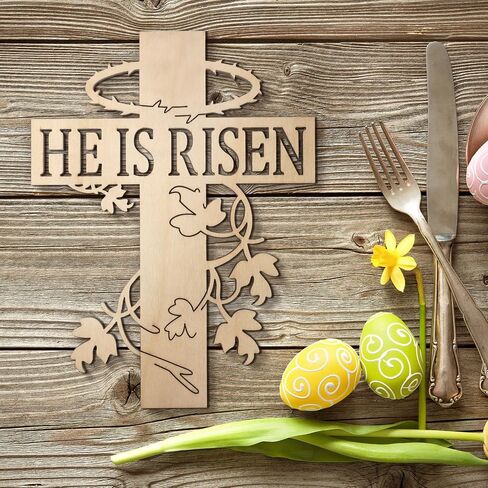 شماعة باب خشبية بعبارة «He is Risen» بتصميم ريفي على شكل صليب عيد الفصح، علاقات باب الربيع الديني، ديكور منحوت على الحائط المسيحي، لافتة خشبية منحوتة يدويا للتعليق على الحائط لديكور المنزل in Saudi Arabia