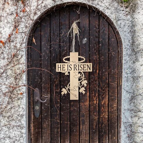 شماعة باب خشبية بعبارة «He is Risen» بتصميم ريفي على شكل صليب عيد الفصح، علاقات باب الربيع الديني، ديكور منحوت على الحائط المسيحي، لافتة خشبية منحوتة يدويا للتعليق على الحائط لديكور المنزل in Saudi Arabia