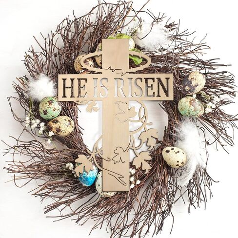 شماعة باب خشبية بعبارة «He is Risen» بتصميم ريفي على شكل صليب عيد الفصح، علاقات باب الربيع الديني، ديكور منحوت على الحائط المسيحي، لافتة خشبية منحوتة يدويا للتعليق على الحائط لديكور المنزل in Saudi Arabia