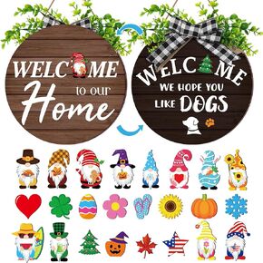 Geetery Interchangeable Wooden Gnome Decor Seasonal Christmas Welcome Home Sign with 12 Gnome Ornaments and 12 Changeable Icons Wood Front Door Decor with Burlap Bow for Christmas Holiday Celebrations in Saudi Arabia