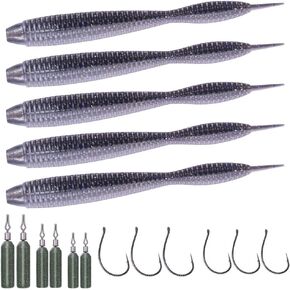 Drop-Shot-Rigs-for-Bass-Fishing-Soft-Plastic-Lures-Worm Fishing Hooks, 4 inch Rubber Worms, Wacky Worms, Straight Tail Stick Baits -22 Piece Kit with 10 Bodies, 6 Hooks, 6 Weights