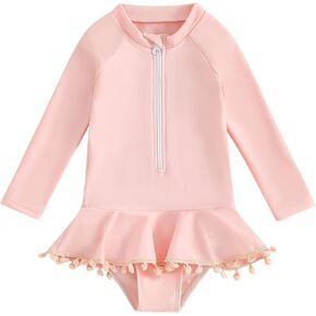 Yccutest Toddler Floral Bathing Suit Girls Long Sleeve Zipper Ruffle Tassel One Piece Swimsuit Kids Rash Guard Swimwear Beach in Kuwait
