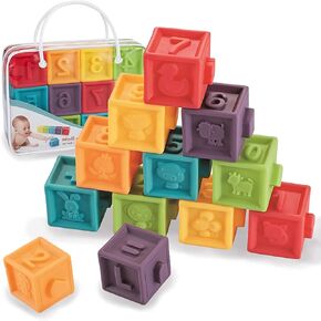 Kingtree Baby Blocks (Set of 12), Soft Silicone Building Blocks Squeeze Stacking Toys for 6 Months and Up Infants, Colorful Early Educational Puzzle Toy with Numbers Animals Shapes Textures in Kuwait